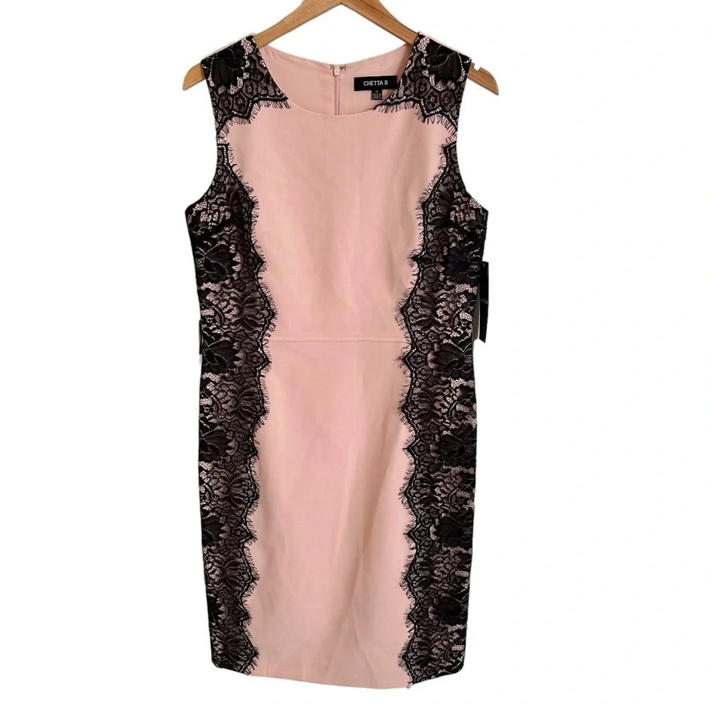 NWT Chetta B size‎ 12 Pink Black Lace Sleeveless Sheath Dress Wedding Party New